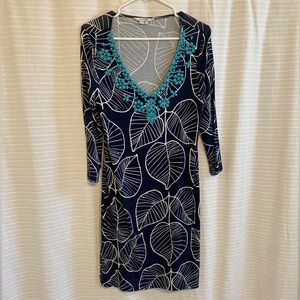 GUC Boden 3/4 Sleeve Tropical Beaded Stretch Jersey Comfy Mini Dress, Sz 6L